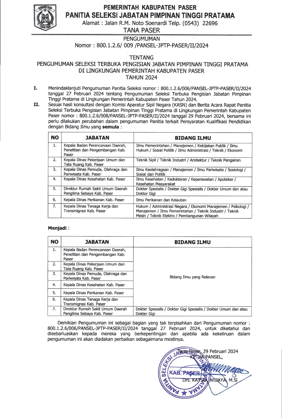 Pengumuman Seleksi Terbuka Jabatan Tinggi Pratama 2024