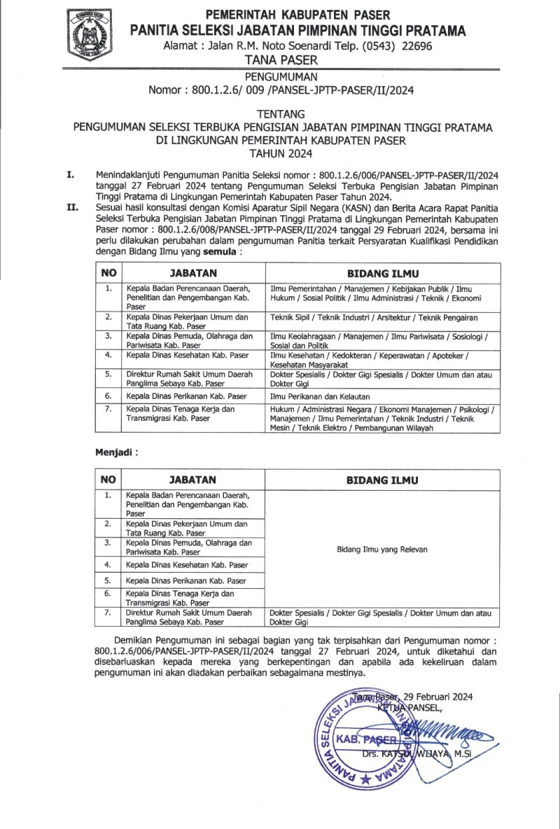Pengumuman Seleksi Terbuka Jabatan Tinggi Pratama 2024