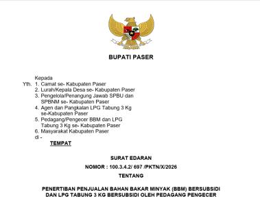 SURAT EDARAN TENTANG PENERTIBAN PENJUALAN BAHAN BAKAR MINYAK (BBM) BERSUBSIDI DAN LPG TABUNG 3 KG BERSUBSIDI OLEH PEDAGANG PENGECER